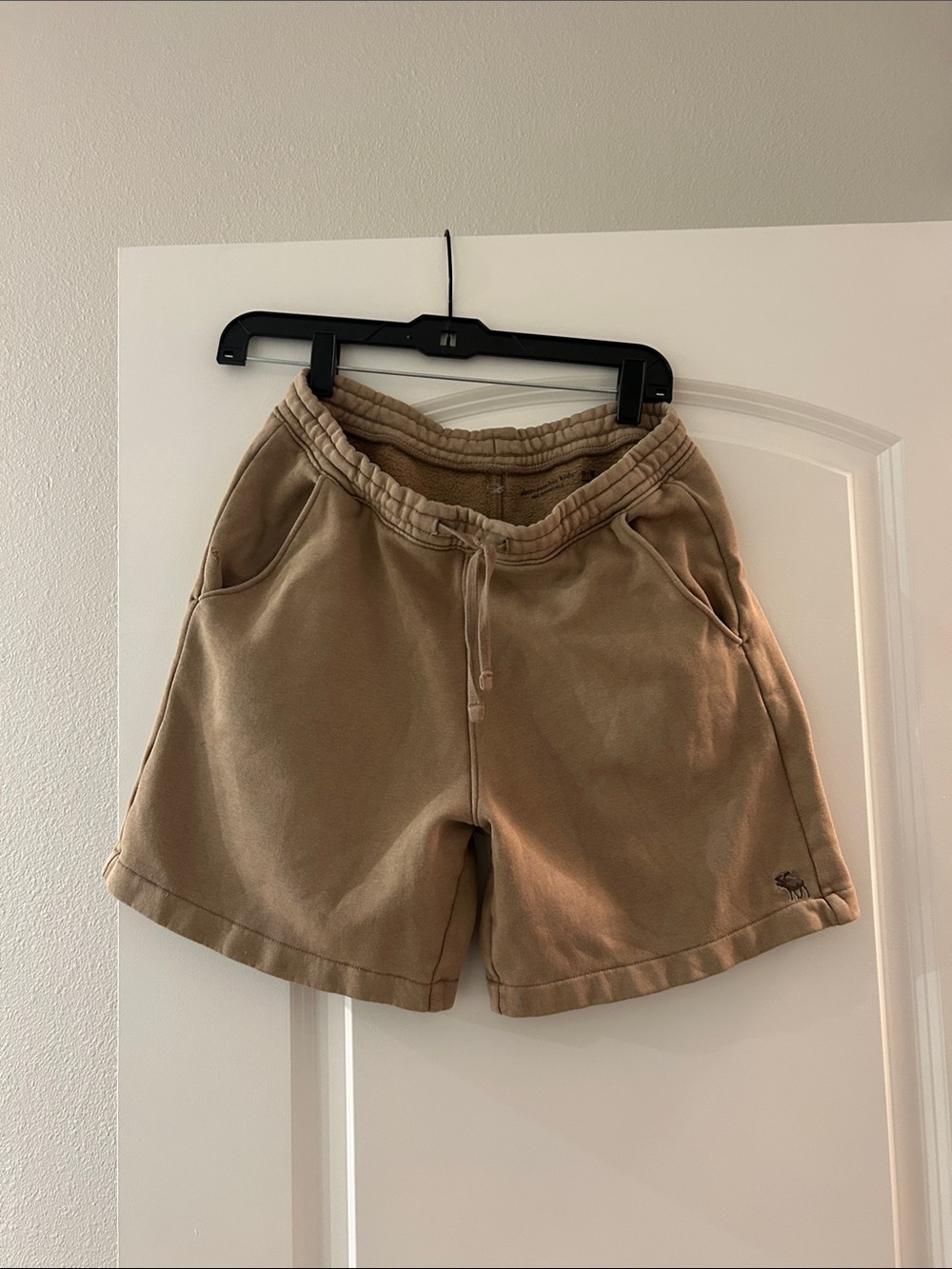 abercrombie kids tan fleece-lined sweat shorts with drawstring